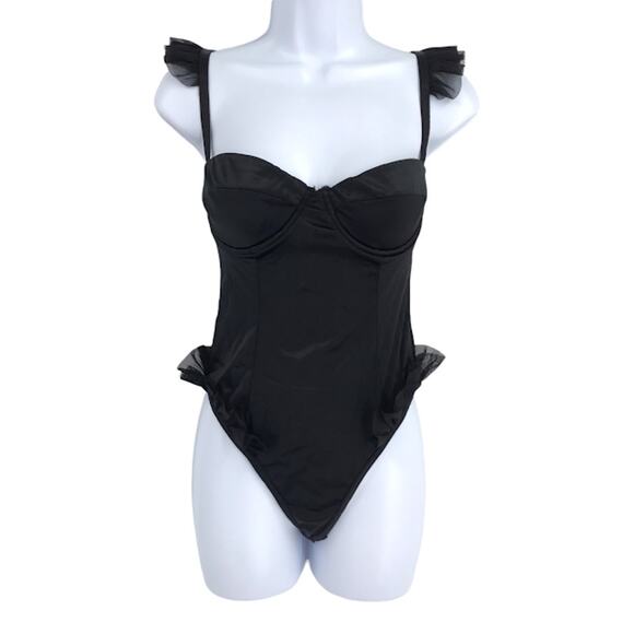 OW Intimates Sadie Bodysuit M Black Caviar Underwire Thong Ruffle Satin NWD NWT - Picture 6 of 12